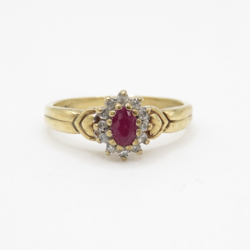 144 - 9ct gold diamond and ruby cluster ring (2.4g) Size O