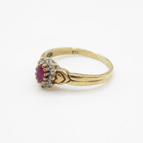 144 - 9ct gold diamond and ruby cluster ring (2.4g) Size O