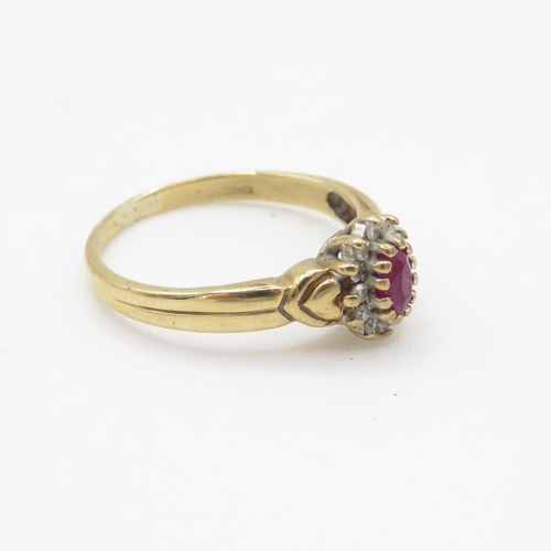 144 - 9ct gold diamond and ruby cluster ring (2.4g) Size O