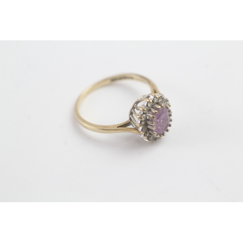 100 - 9ct gold vintage amethyst & diamond cluster ring (1.9g) Size K