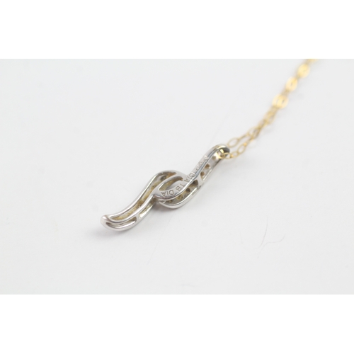 109 - 9ct gold diamond double twist pendant on chain (1g)