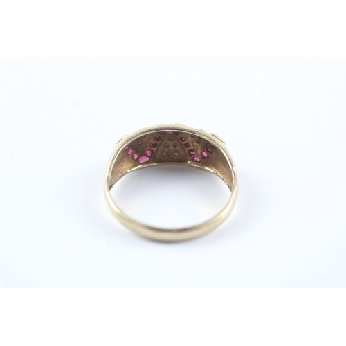 135 - 9ct gold diamond & red gemstone dress ring (3.7g) Size V