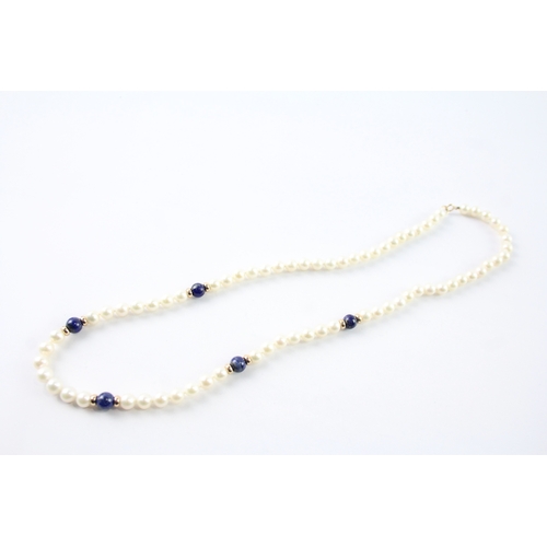 138 - 9ct gold cultured pearl & lapis lazuli necklace (20.1g)