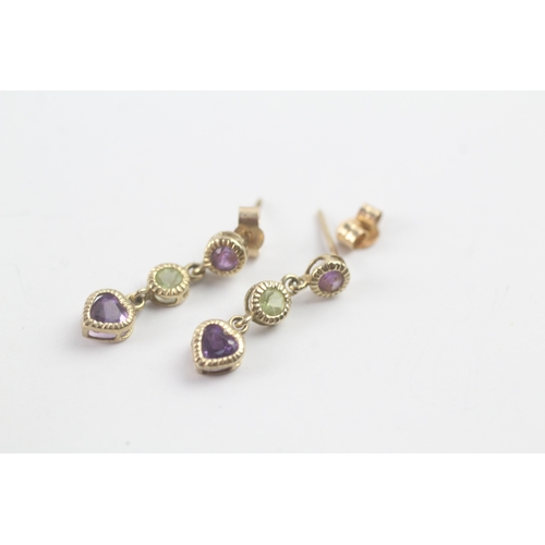 154 - 9ct gold amethyst & peridot drop earrings (1g)