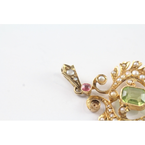 164 - 15ct gold Edwardian suffragette ruby, peridot & seed pearl pendant (6.4g) - as seen - stone missing