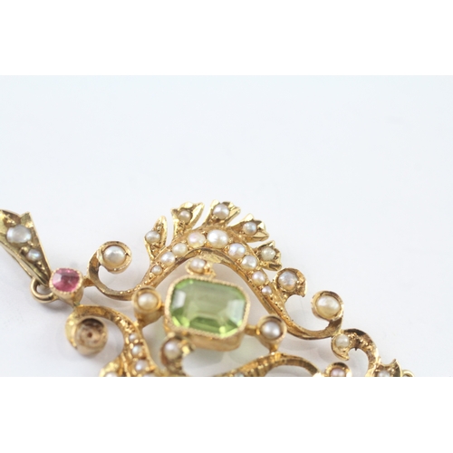 164 - 15ct gold Edwardian suffragette ruby, peridot & seed pearl pendant (6.4g) - as seen - stone missing