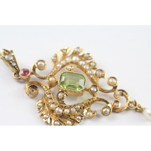 164 - 15ct gold Edwardian suffragette ruby, peridot & seed pearl pendant (6.4g) - as seen - stone missing