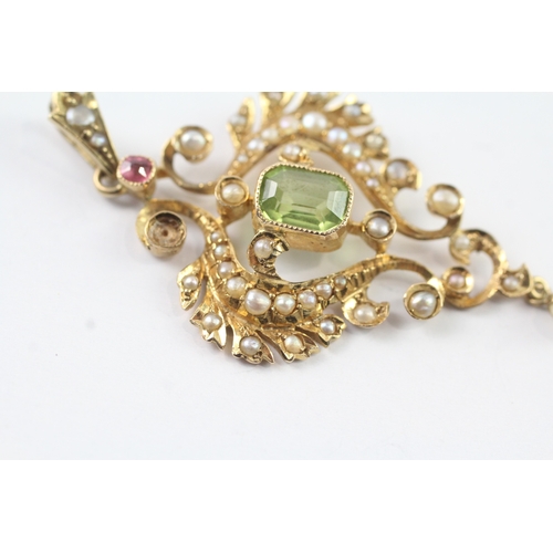 164 - 15ct gold Edwardian suffragette ruby, peridot & seed pearl pendant (6.4g) - as seen - stone missing