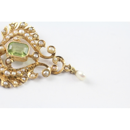 164 - 15ct gold Edwardian suffragette ruby, peridot & seed pearl pendant (6.4g) - as seen - stone missing