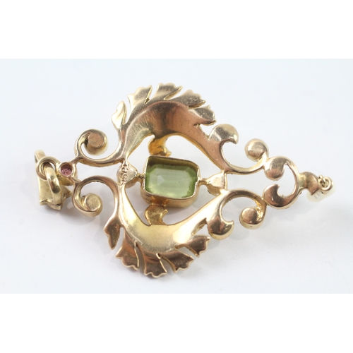 164 - 15ct gold Edwardian suffragette ruby, peridot & seed pearl pendant (6.4g) - as seen - stone missing