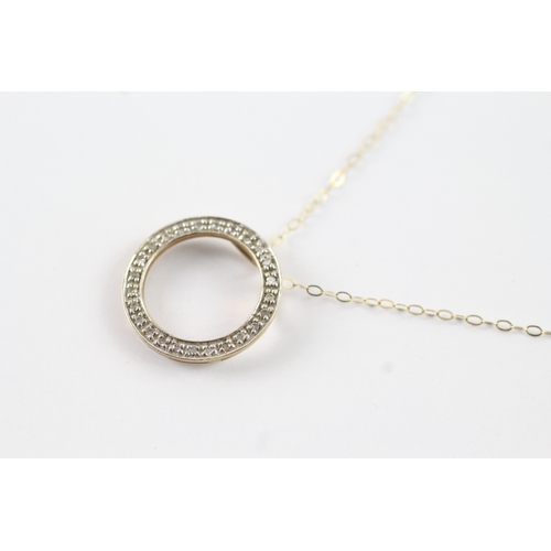 197 - 9ct gold diamond hoop pendant necklace (1.6g)