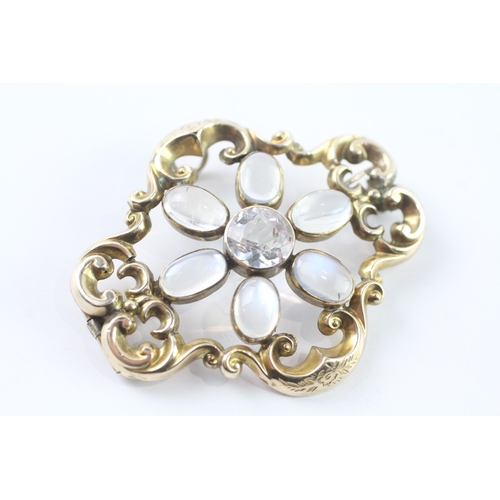 2 - 9ct gold antique moonstone & white sapphire patterned brooch (10.1g)