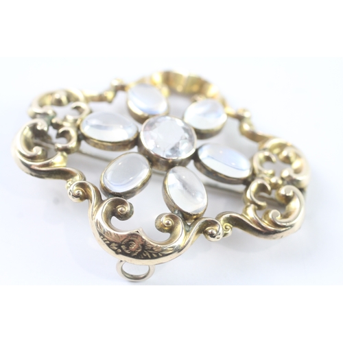 2 - 9ct gold antique moonstone & white sapphire patterned brooch (10.1g)