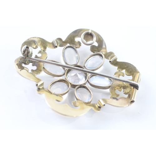 2 - 9ct gold antique moonstone & white sapphire patterned brooch (10.1g)