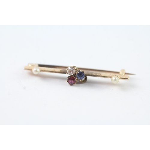 22 - 14ct gold sapphire, ruby, diamond and pearl brooch (2.1g)