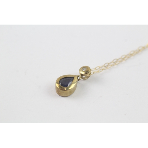 220 - 9ct gold pear cut sapphire & diamond drop pendant necklace (1.3g)