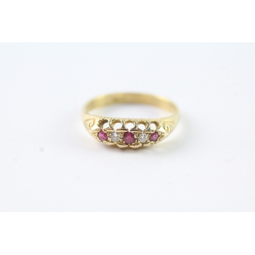 247 - 18ct gold vintage gypsy set diamond and red gemstone dress ring (3.1g) Size K 1/2