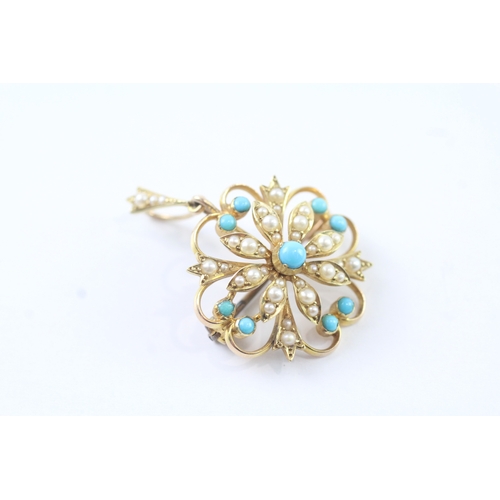 248 - 14ct gold antique turquoise & seed pearl cluster pendant & brooch (6g) Size T