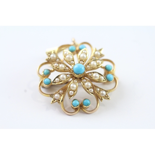 248 - 14ct gold antique turquoise & seed pearl cluster pendant & brooch (6g) Size T