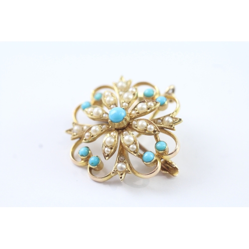 248 - 14ct gold antique turquoise & seed pearl cluster pendant & brooch (6g) Size T