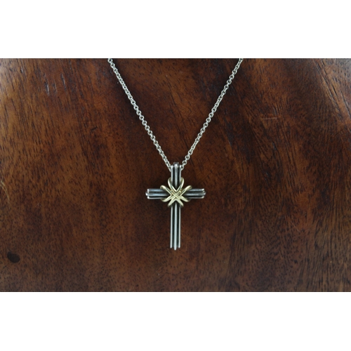 285 - Tiffany & Co Sterling Silver & .750 Gold Cross Pendant Necklace 8g