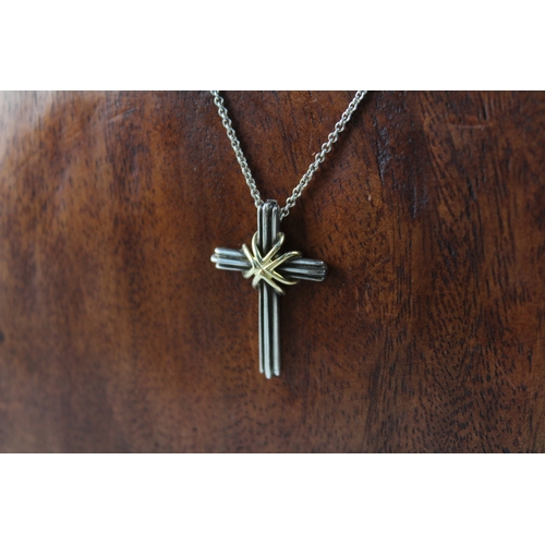 285 - Tiffany & Co Sterling Silver & .750 Gold Cross Pendant Necklace 8g