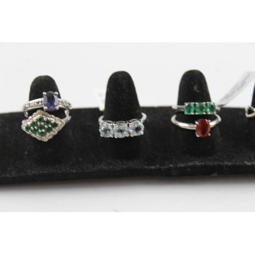 294 - Collection of Sterling Silver Gemstone Rings inc. Emerald, Iolite x 10 29g