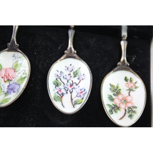 324 - 4 x Vintage 1970 Birmingham Sterling Silver Guilloche Enamel Spoons (47g)