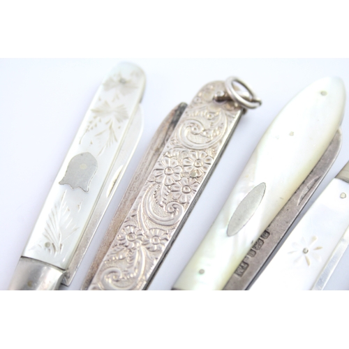 335 - 5 x Antique / Vintage .925 Sterling Silver Knives Inc Fruit, MOP Etc (100g)