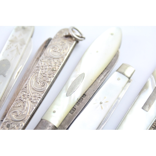 335 - 5 x Antique / Vintage .925 Sterling Silver Knives Inc Fruit, MOP Etc (100g)