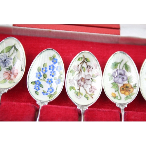 336 - 6 x Vintage Hallmarked 1976 Birmingham Sterling Silver Enamel Teaspoons 64g