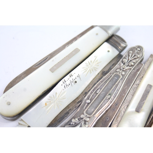 338 - 6 x Antique Hallmarked .925 Sterling Silver Fruit / Pocket Knives Inc MOP 117g