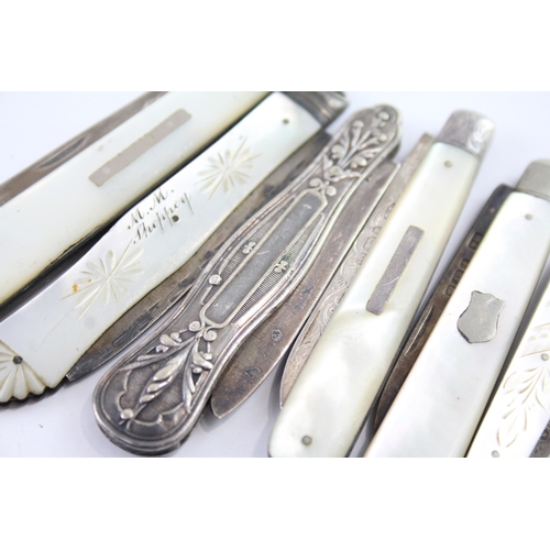 338 - 6 x Antique Hallmarked .925 Sterling Silver Fruit / Pocket Knives Inc MOP 117g