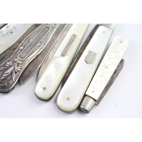 338 - 6 x Antique Hallmarked .925 Sterling Silver Fruit / Pocket Knives Inc MOP 117g