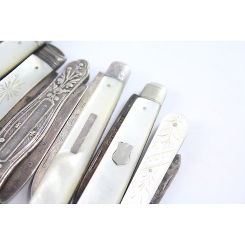 338 - 6 x Antique Hallmarked .925 Sterling Silver Fruit / Pocket Knives Inc MOP 117g