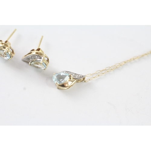 35 - 2x 9ct gold blue gemstone & diamond earrings & necklace (2.1g)