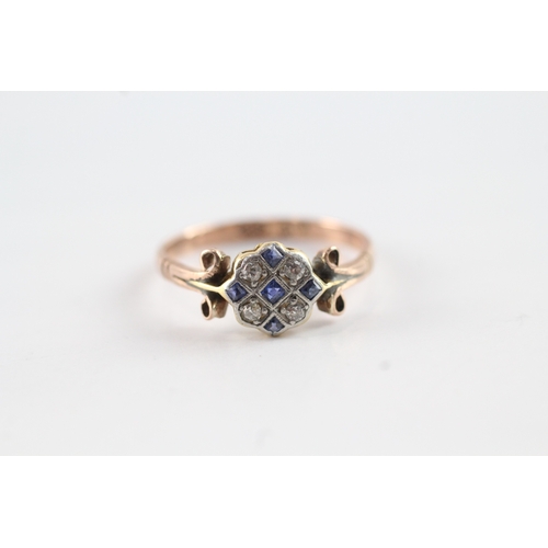 38 - 9ct gold antique sapphire & diamond dress ring with scroll patterned shoulders (2.1g) Size O