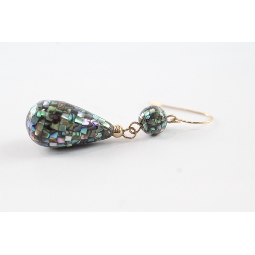 4 - 9ct gold mosaic  shell drop earrings (7.2g)