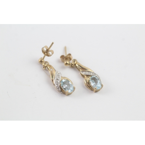 55 - 9ct gold blue gemstone & diamond drop earrings (1.7g)