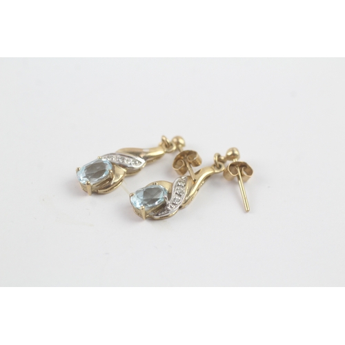 55 - 9ct gold blue gemstone & diamond drop earrings (1.7g)