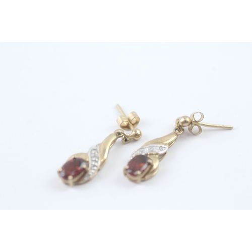 69 - 9ct gold garnet & diamond drop earrings (1.6g)