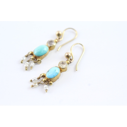 73 - 9ct gold antique turquoise, rice pearl & white gemstone drop earrings (1.6g)