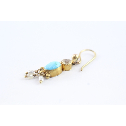 73 - 9ct gold antique turquoise, rice pearl & white gemstone drop earrings (1.6g)