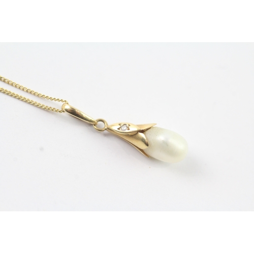 90 - 18ct gold pearl drop pendant necklace e (2.3g)