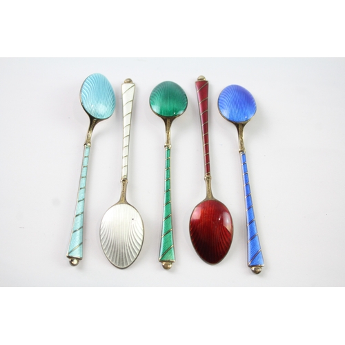 324 - 5 x Vintage Stamped .925 Sterling Silver Ela Denmark Guilloche Enamel Spoons 48g