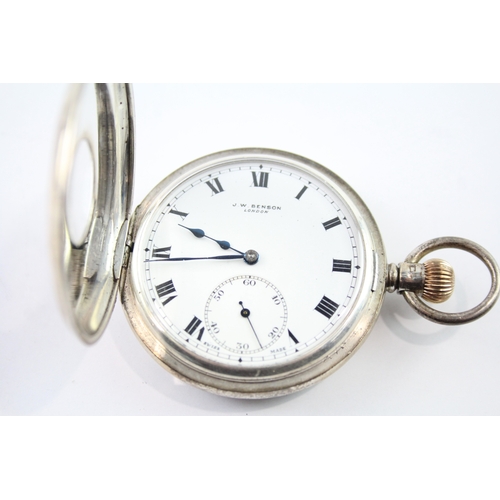 472 - Vintage .925 Silver JW Benson Half Hunter Pocket Watch Hand Wind WATCH RUNS