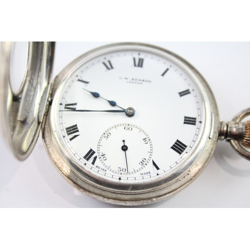 472 - Vintage .925 Silver JW Benson Half Hunter Pocket Watch Hand Wind WATCH RUNS