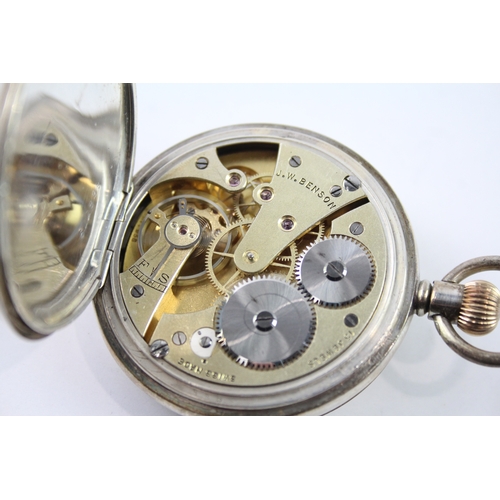 472 - Vintage .925 Silver JW Benson Half Hunter Pocket Watch Hand Wind WATCH RUNS