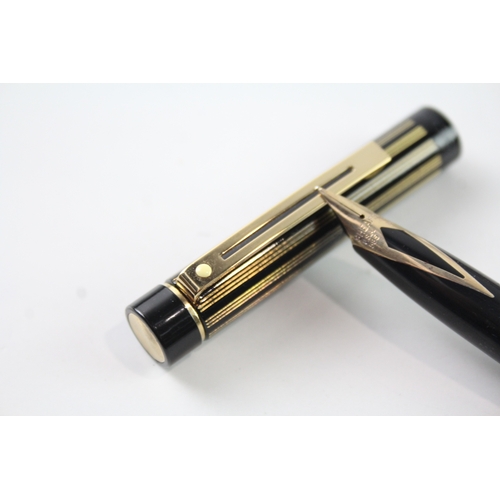 496 - Vintage Sheaffer Targa Black Stripe Fountain Pen w/ 14ct Gold Nib WRITING Boxed