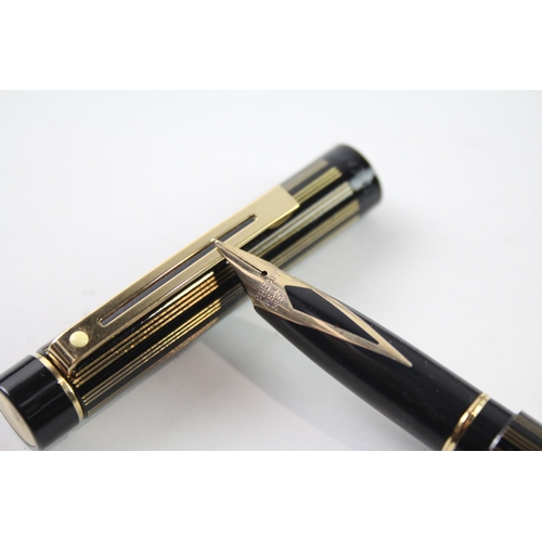 496 - Vintage Sheaffer Targa Black Stripe Fountain Pen w/ 14ct Gold Nib WRITING Boxed